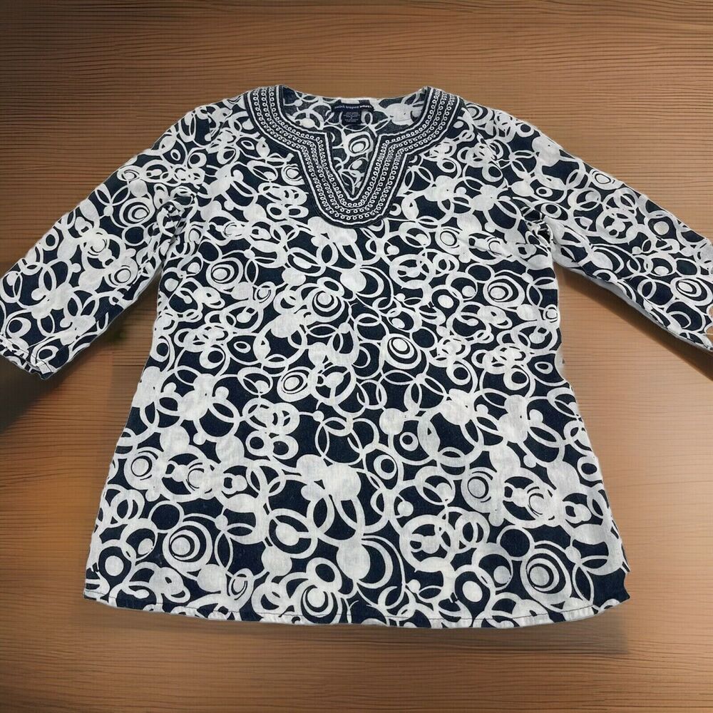 ST TROPEZ WEST Women’s Top Blouse White Linen blend Embroidered Pullover Tunic S